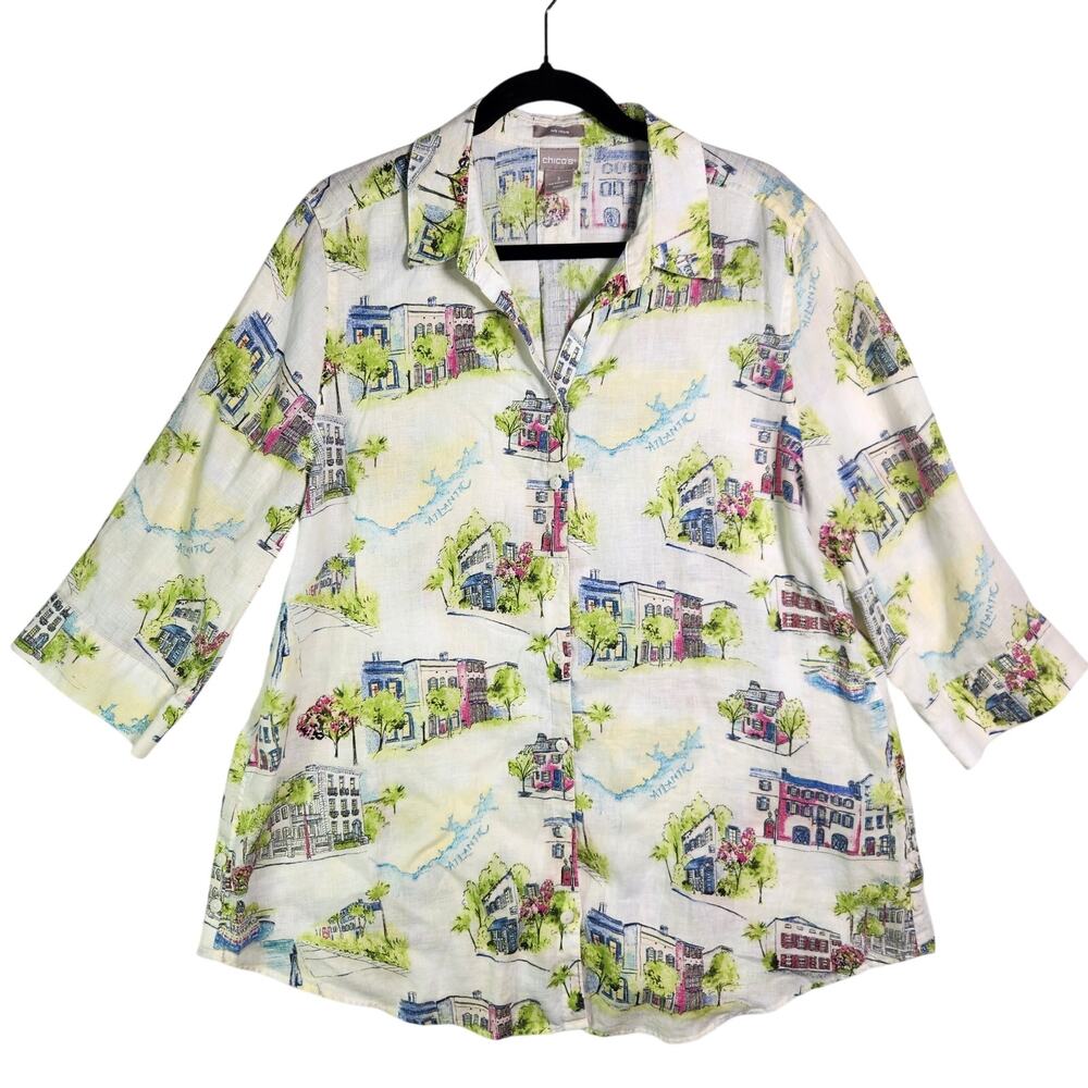 Chico's 100% Linen Colorful Button Up Shirt US XL 16 18 Sz 3 Beach Summer Light